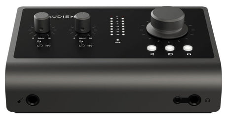 Audio interface front panel with input gain knobs, USB indicator, and control buttons