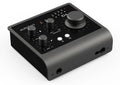 Black USB audio interface with large monitor knob and input gain controls