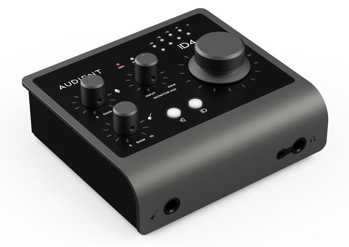 Black USB audio interface with large monitor knob and input gain controls