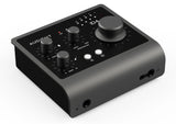 Black USB audio interface with large monitor knob and input gain controls