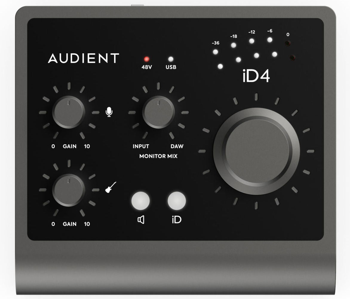 Front panel close-up with gain knobs, input/monitor mix controls, and meter LEDs