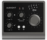 Front panel close-up with gain knobs, input/monitor mix controls, and meter LEDs