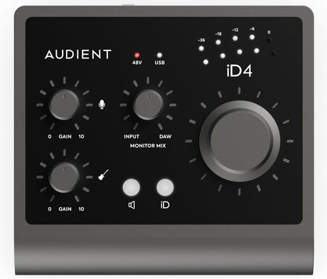 Front panel close-up with gain knobs, input/monitor mix controls, and meter LEDs