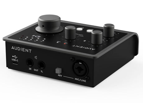Back panel view of black USB audio interface with MIC/LINE 48V ports