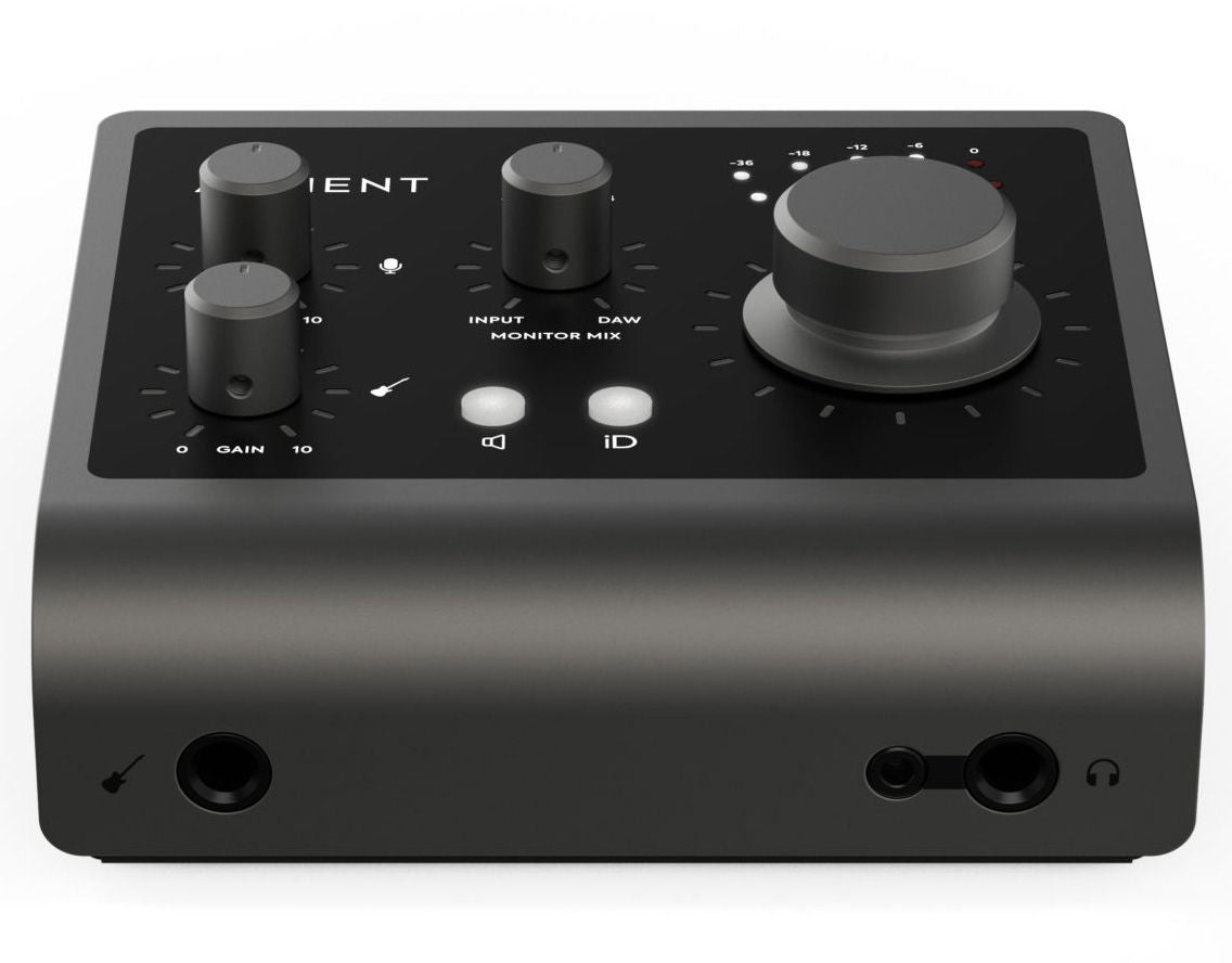 Front angled view of black USB audio interface with multiple knobs and visible connection jacks