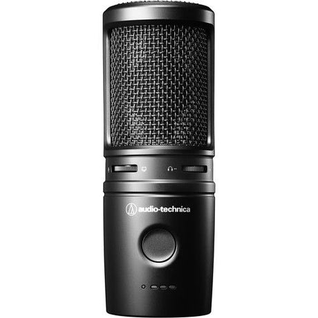 Front view of black USB condenser microphone grille and controls