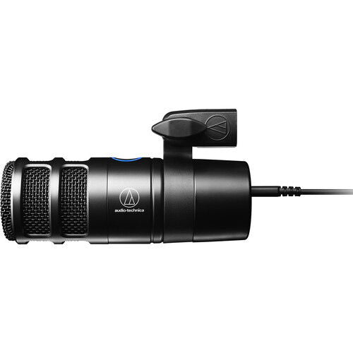 Microfon USB dinamic hipercardioid negru, vedere laterală, cu ieșire cablu