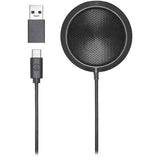 Omnidirectional USB microphone with round mesh grille and stand base