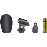 Stereo condenser microphone kit with foam windscreen, mount clip, adapter, and batteries