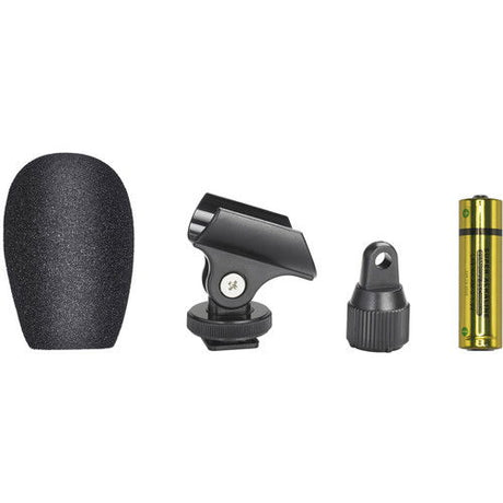 Stereo condenser microphone kit with foam windscreen, mount clip, adapter, and batteries