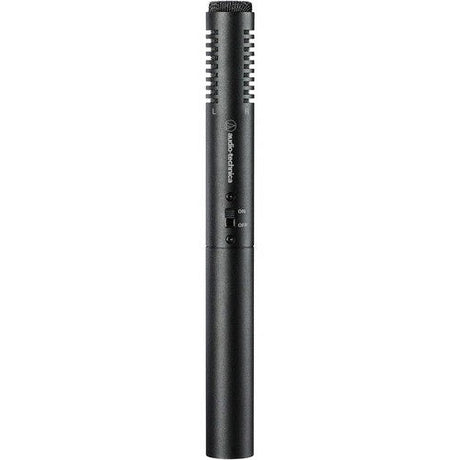 Black stereo condenser microphone with grille and on/off switch
