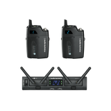 Front view: rack wireless receiver with display and two handheld transmitters
