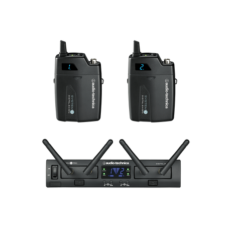 Front view: rack wireless receiver with display and two handheld transmitters