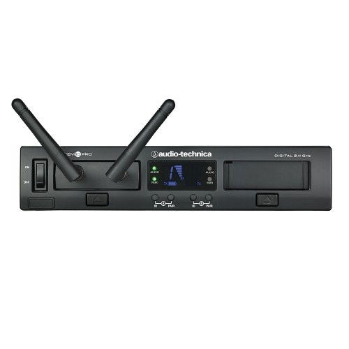 Digital wireless receiver with four antennas standing upright and LCD displays