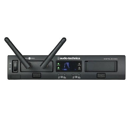 Digital wireless receiver with four antennas standing upright and LCD displays