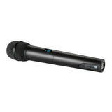 Handheld wireless microphone with metal grille and status display on body