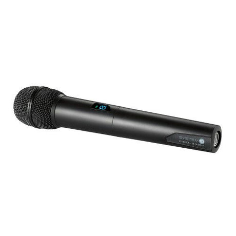 Handheld wireless microphone with metal grille and status display on body