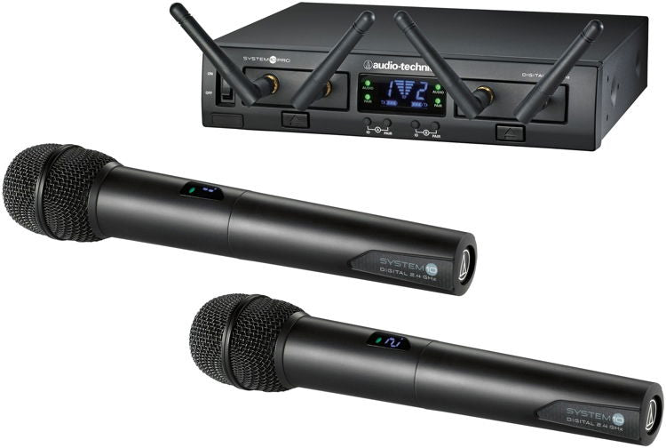 Two handheld wireless mics with digital receiver and antennas