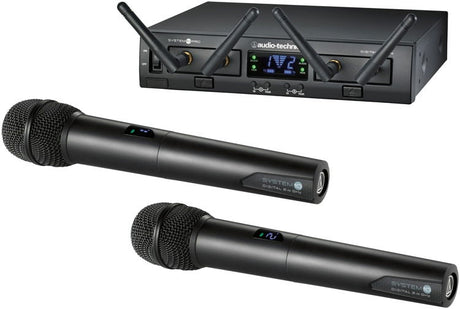 Two handheld wireless mics with digital receiver and antennas