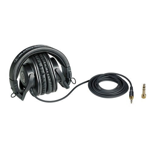 Căști monitor cu cablu audio și mufă pentru conectare, accesorii incluse, design negru