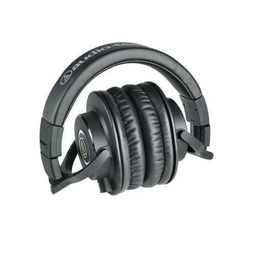 Căști monitor over-ear, vedere laterală; pernițe negre și căști rotunde
