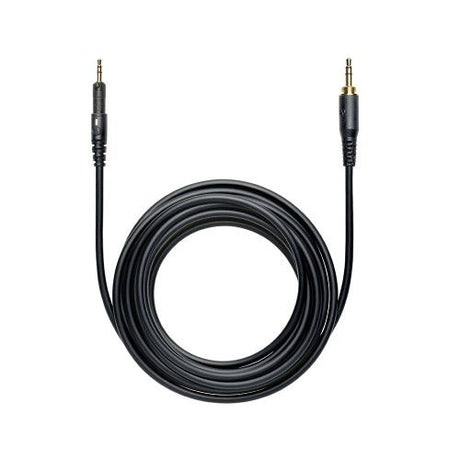 Long headphone audio cable, black cord looped with gold-tipped connectors