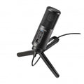 USB microphone with mesh grille, built-in controls, and tripod stand included