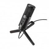 USB microphone with mesh grille, built-in controls, and tripod stand included