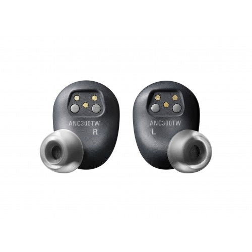 Pair of black in-ear wireless earbuds, left and right marked, with visible button ports