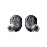 Pair of black in-ear wireless earbuds, left and right marked, with visible button ports