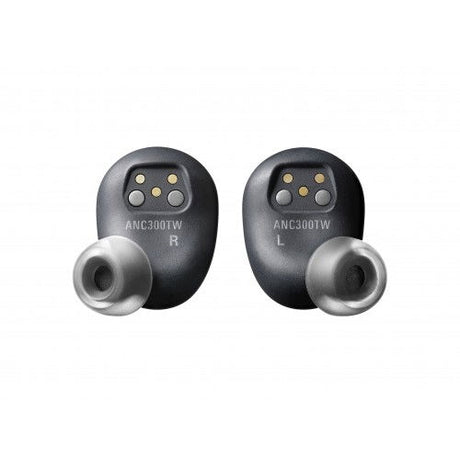 Pair of black in-ear wireless earbuds, left and right marked, with visible button ports