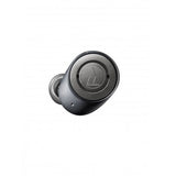 Single black wireless noise-cancelling earbud angled view with textured outer surface