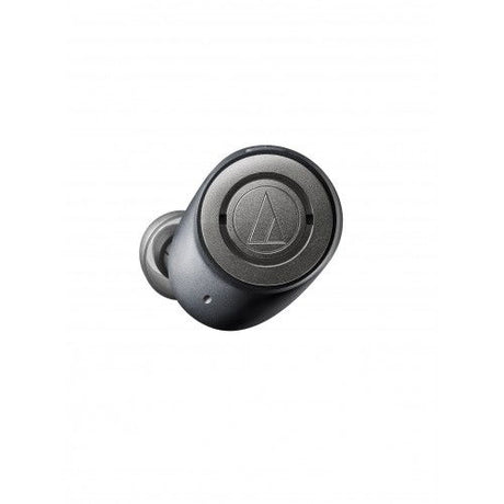 Single black wireless noise-cancelling earbud angled view with textured outer surface