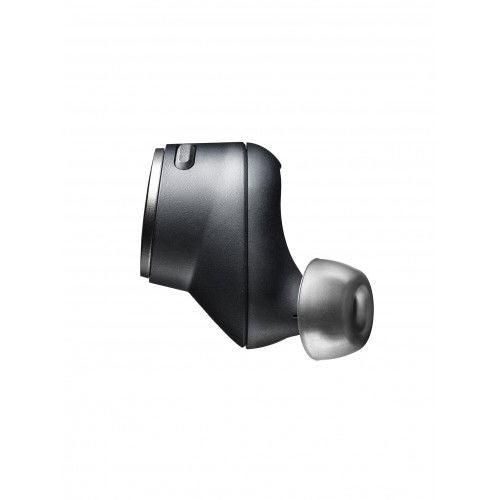Side view of black wireless earbuds showing stem and silicone ear tip