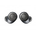 Black wireless noise-cancelling earbuds with charging case-style controls on each earpiece