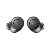 Black wireless noise-cancelling earbuds with charging case-style controls on each earpiece