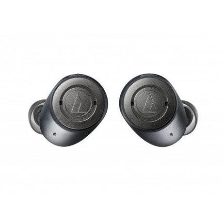 Black wireless noise-cancelling earbuds with charging case-style controls on each earpiece