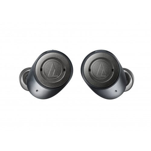Black wireless noise-cancelling earbuds with charging case-style controls on each earpiece