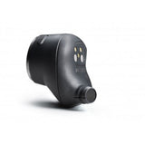 Black wireless earbud side view with small button and speaker grille visible