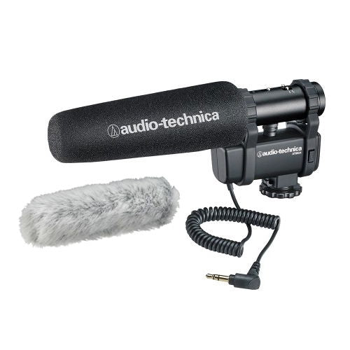 Cardioid stereo/mono shotgun microphone with foam windscreen and coiled cable