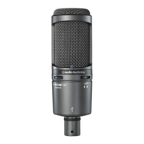 Black USB condenser microphone front view with grille and control area