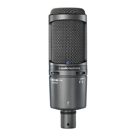 Black USB condenser microphone front view with grille and control area