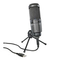 USB condenser podcast microphone with shock mount, black body and grille