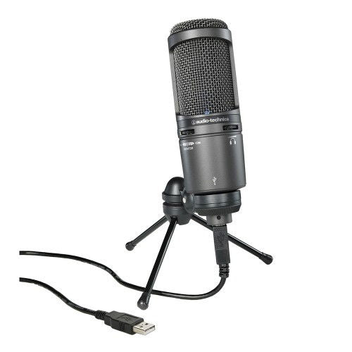USB condenser podcast microphone with shock mount, black body and grille