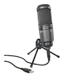 USB condenser podcast microphone with shock mount, black body and grille