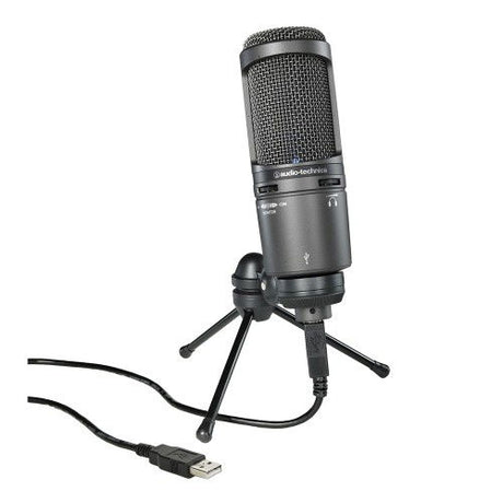 USB condenser podcast microphone with shock mount, black body and grille