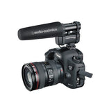 Cardioid stereo/mono microphone mounted on camera body with foam windscreen