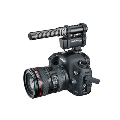 Cardioid stereo/mono microphone mounted on camera body with mic holder
