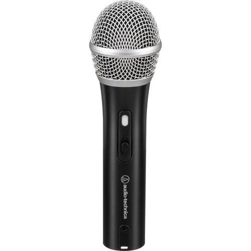 Microphone handle front with controls panel and silver mesh grille
