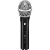 Microphone handle front with controls panel and silver mesh grille